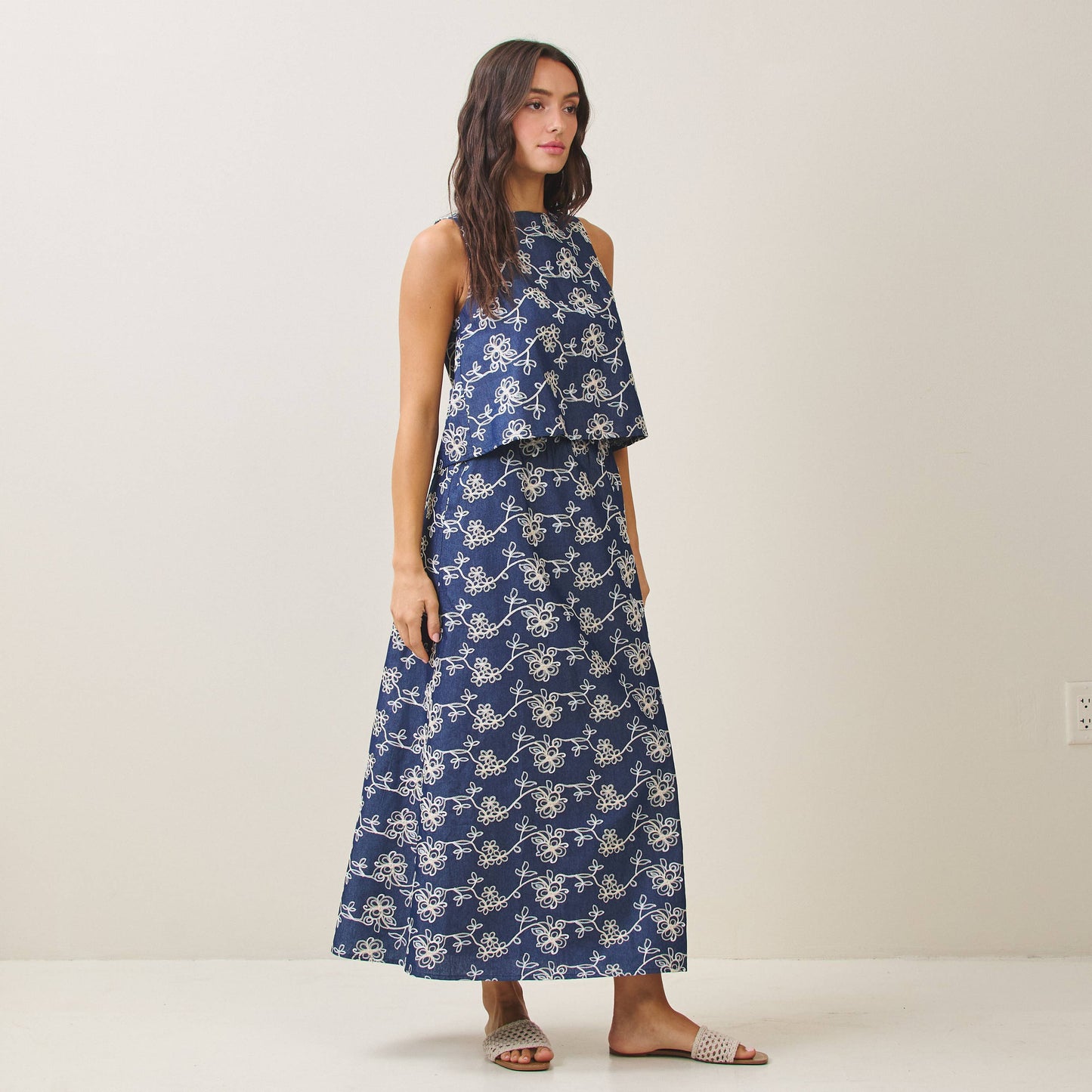 Embroidered Blue/White Top & Skirt Set