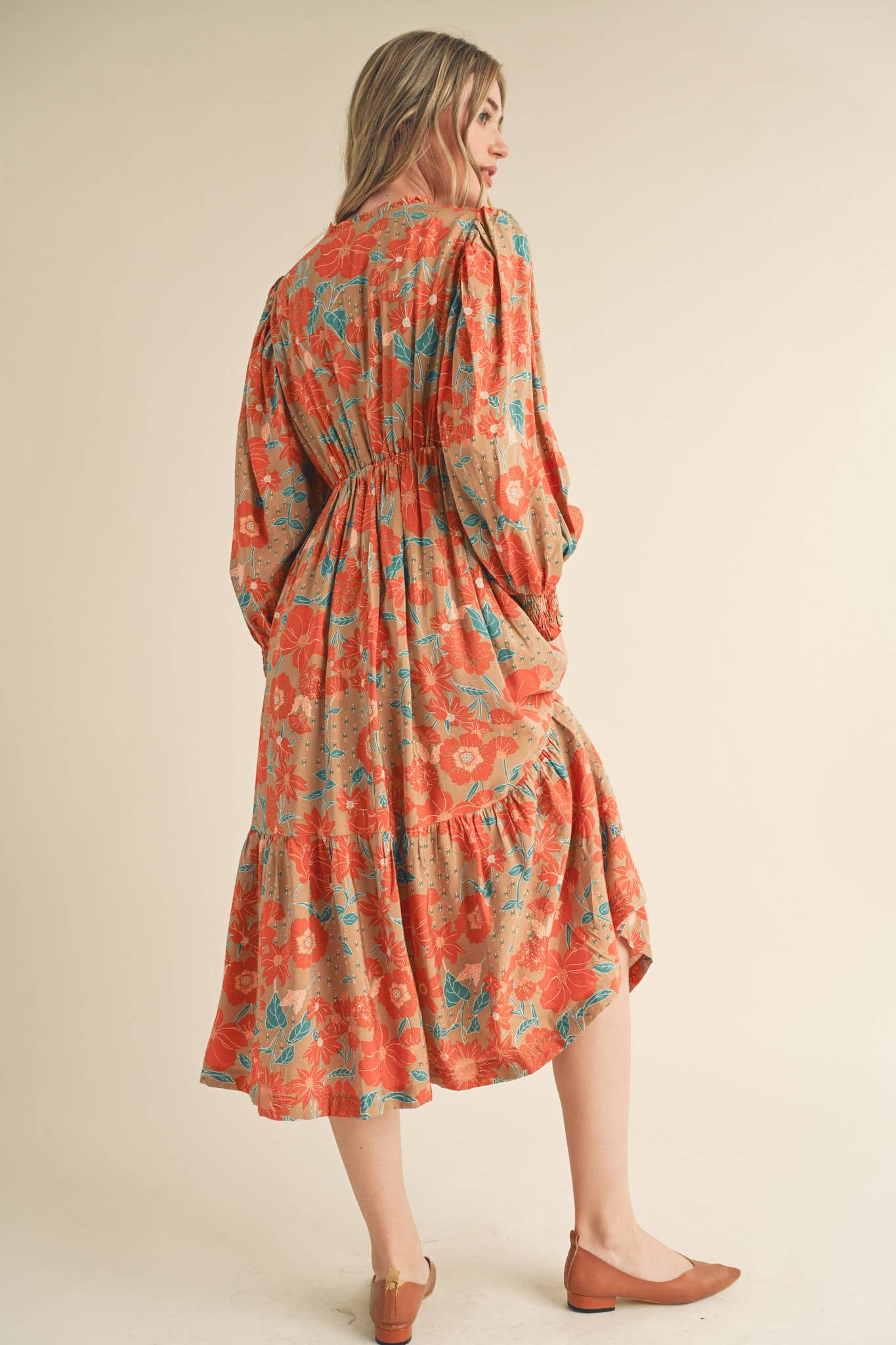 EXCLUSIVE PRINT BUTTON DOWN PUFF SLEEVE MIDI DRESS