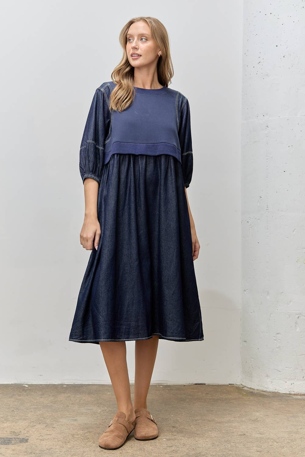 denim 3/4 sleeve dress KNIT MIX BLUE MIDI Rocca is the silhouette beautiful wedding dresses Shoe Size:27 EU (9.5 Toddler US) asdoklhq Cocktail Dresses Elegant