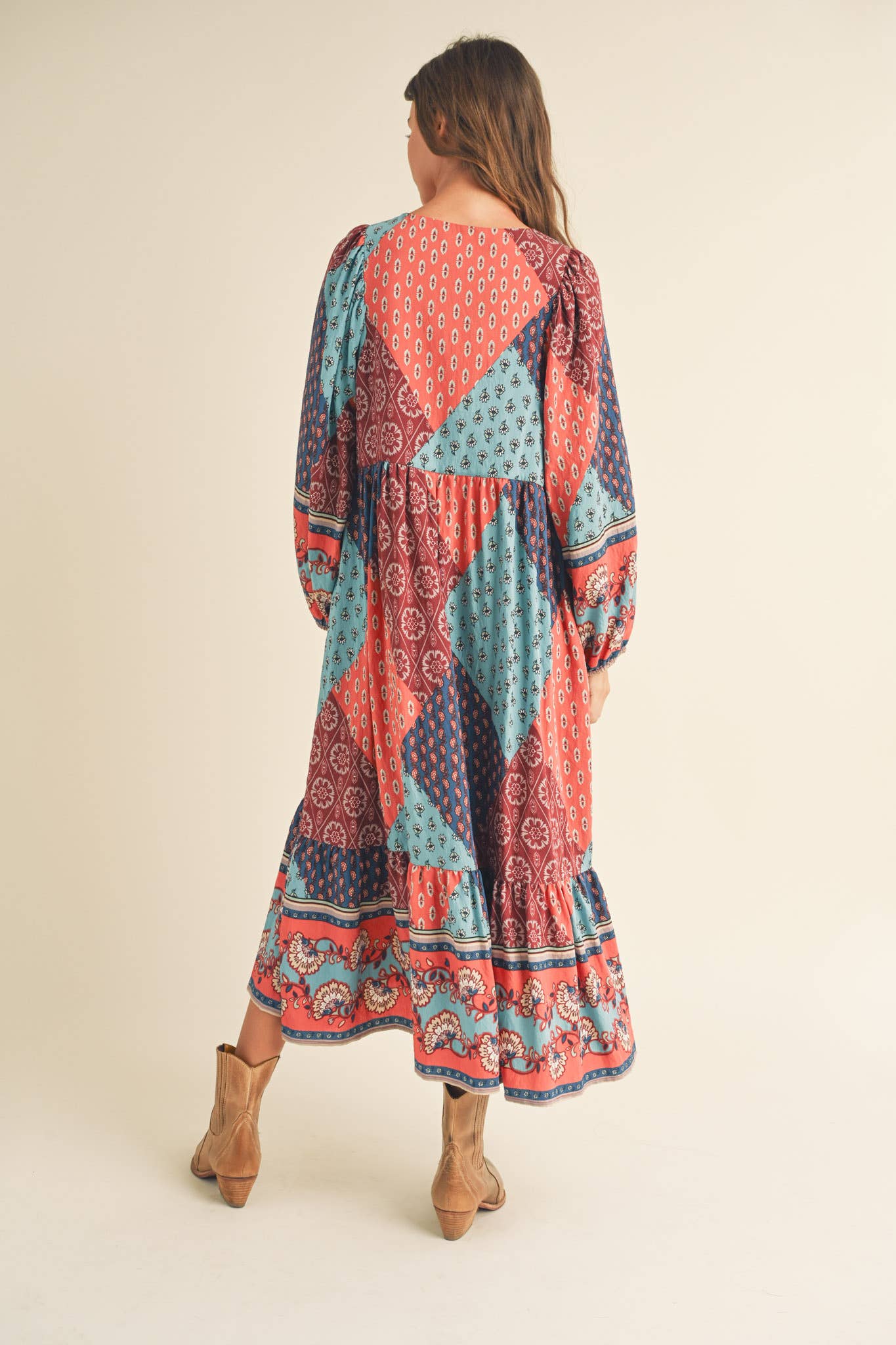 PATCHWORK PRINT BALLOON SLEEVE MIDI DRESS