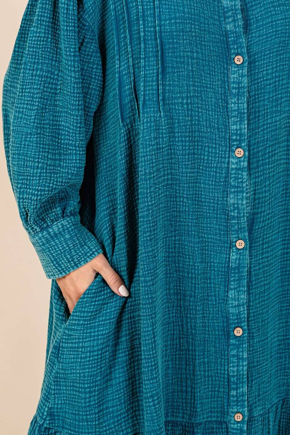 MINERAL WASH COTTON GAUZE RUFFLE MIDI SHIRT OVERSIZE DRESS