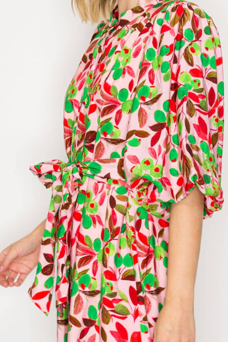 PINK GREEN TIERED MIDI DRESS WITH A COLLARED BUTTON FRONT TIE WAIST