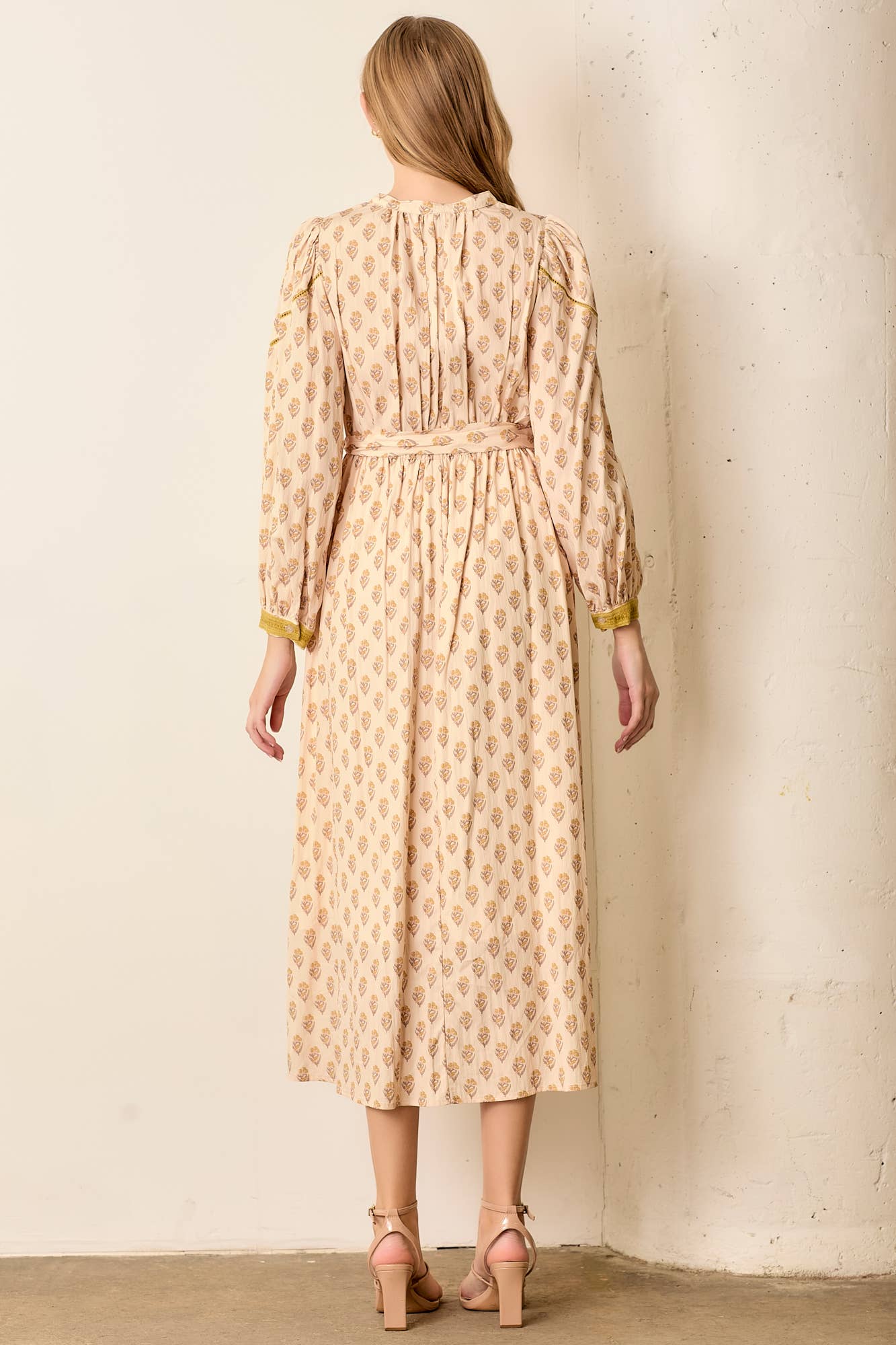 V Neck Button Down Mustard Pink Midi Dress