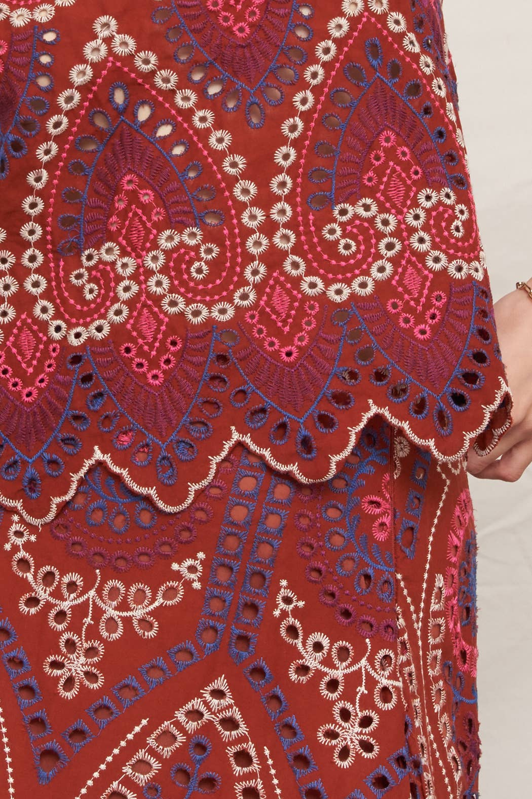 Eyelet Embroidered Blouse and Midi Skirt with Uneven Hem Scallop