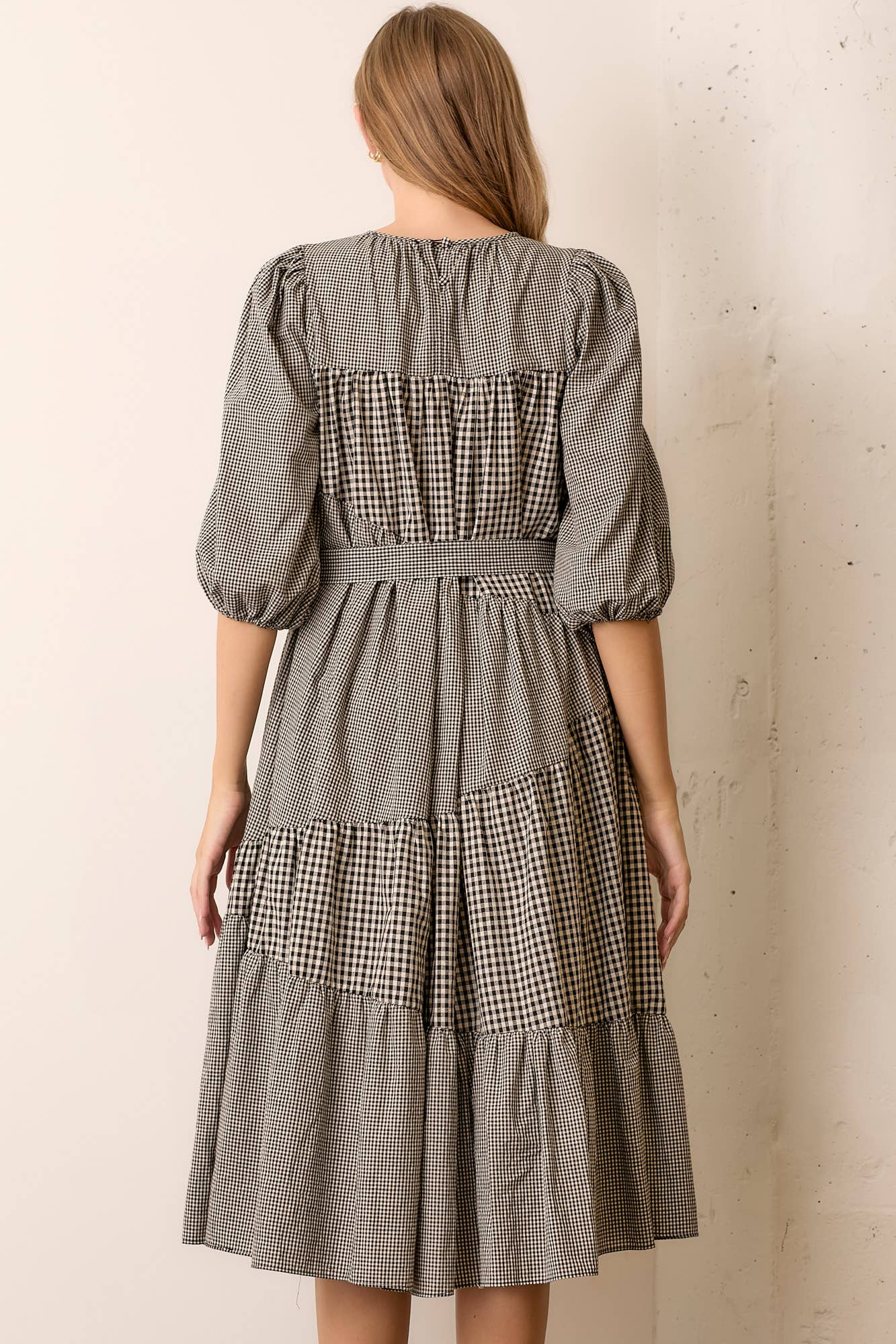 GINGHAM WAIST TIE MIDI DRESS