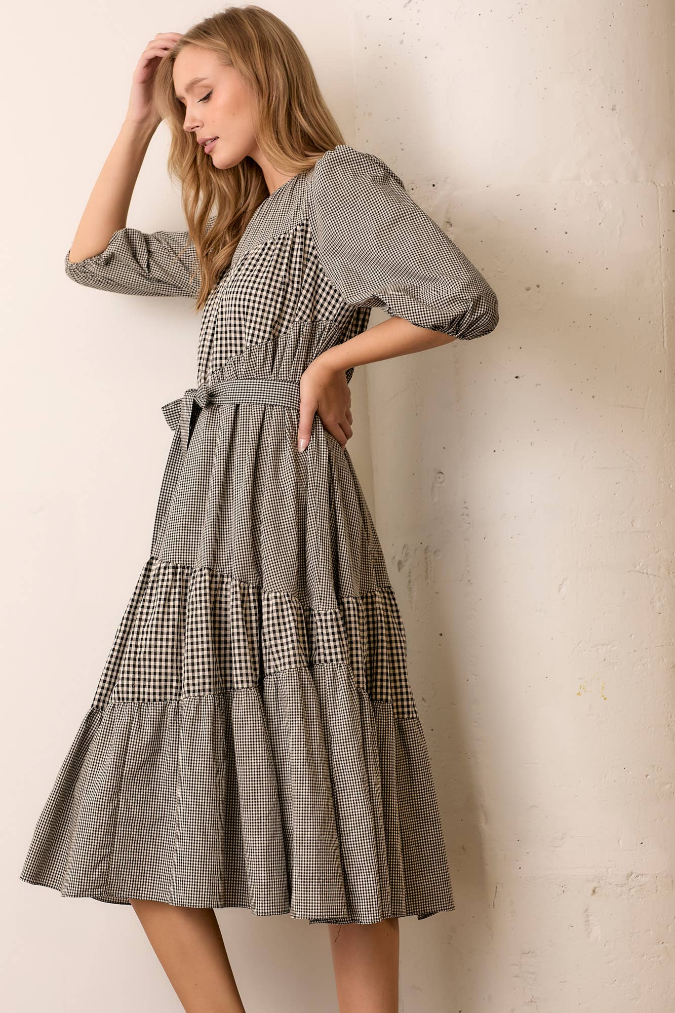 GINGHAM WAIST TIE MIDI DRESS