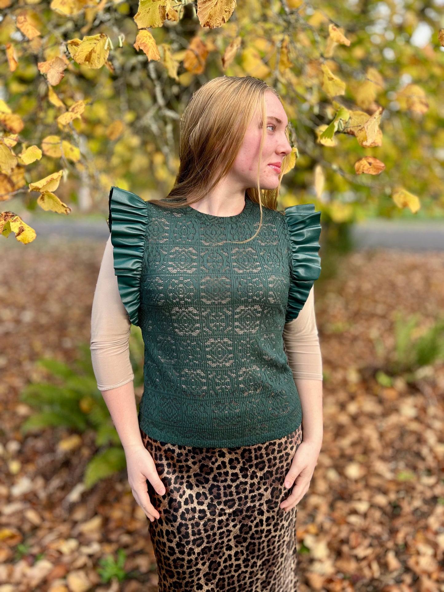 Emerald Green Faux Leather & Lace Blouse