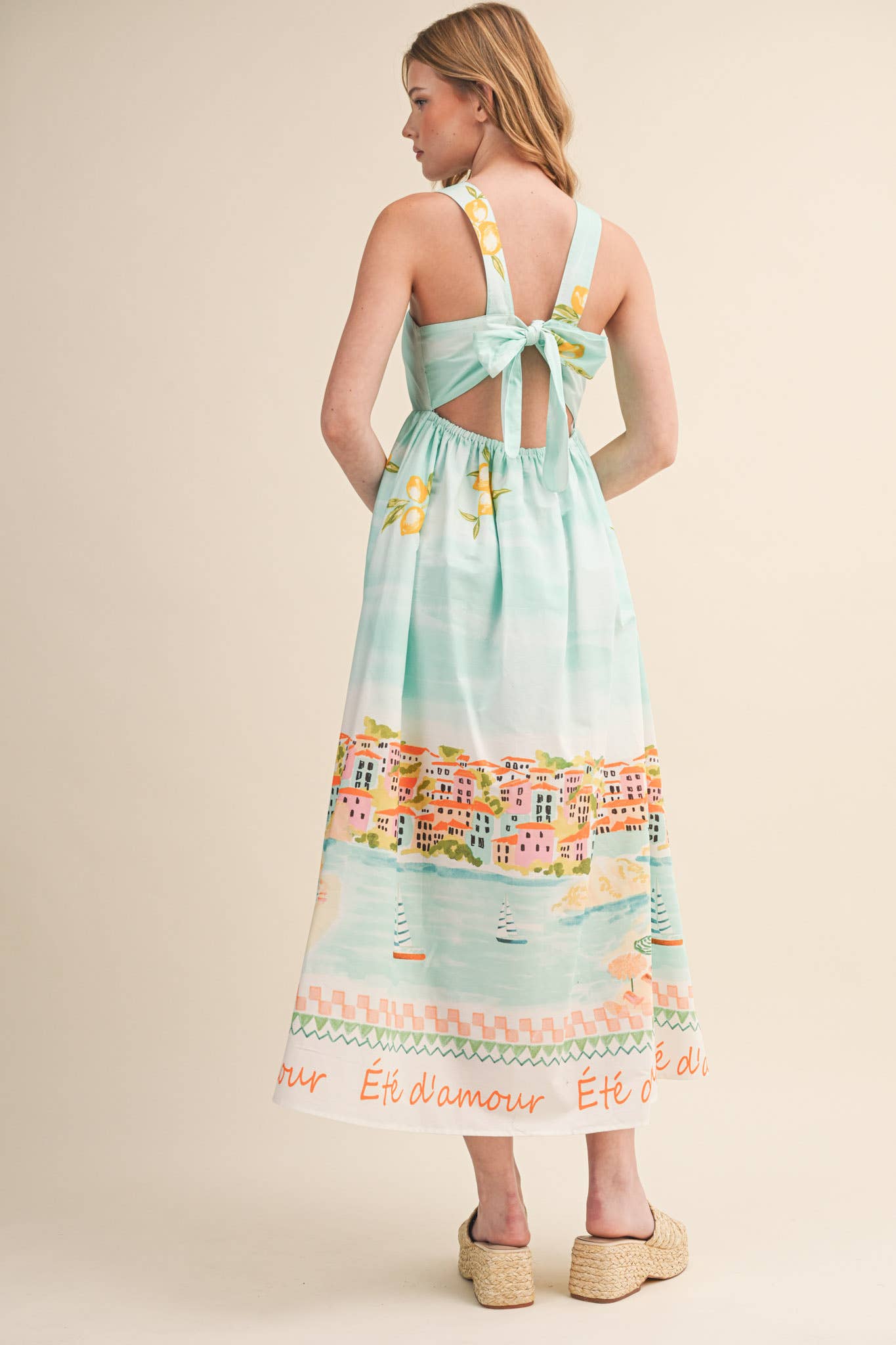 LETS GETAWAY LANDSCAPE PRINT BOW TYING MIDI DRESS BLUE