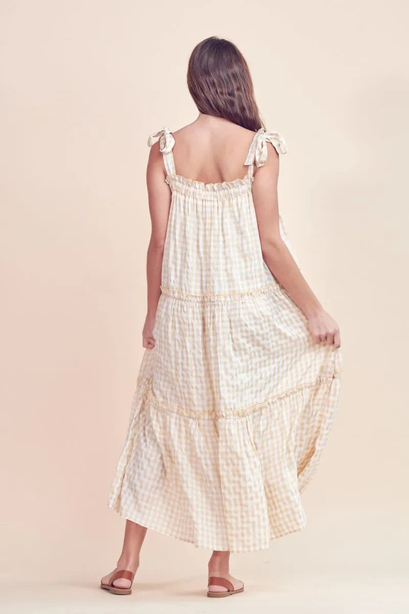 Cream Gingham Ruffle Midi Dress