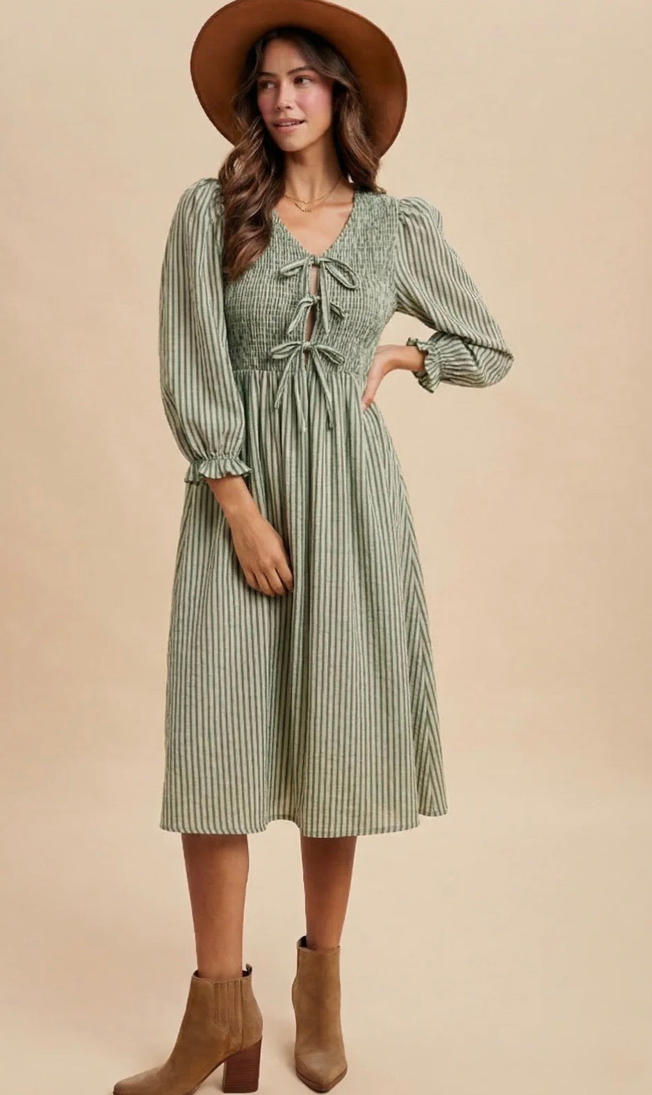 Striped Sage Tie Front Dress