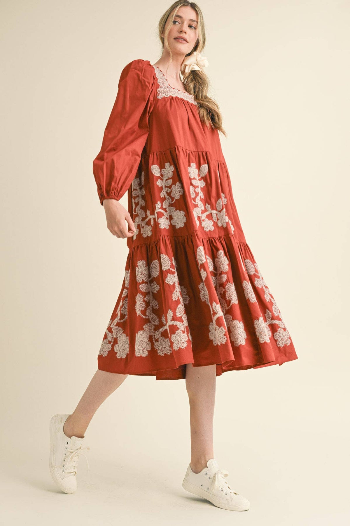 FLORAL EMBROIDERED TIERED MIDI DRESS RUST AMBER SQUARE NECK