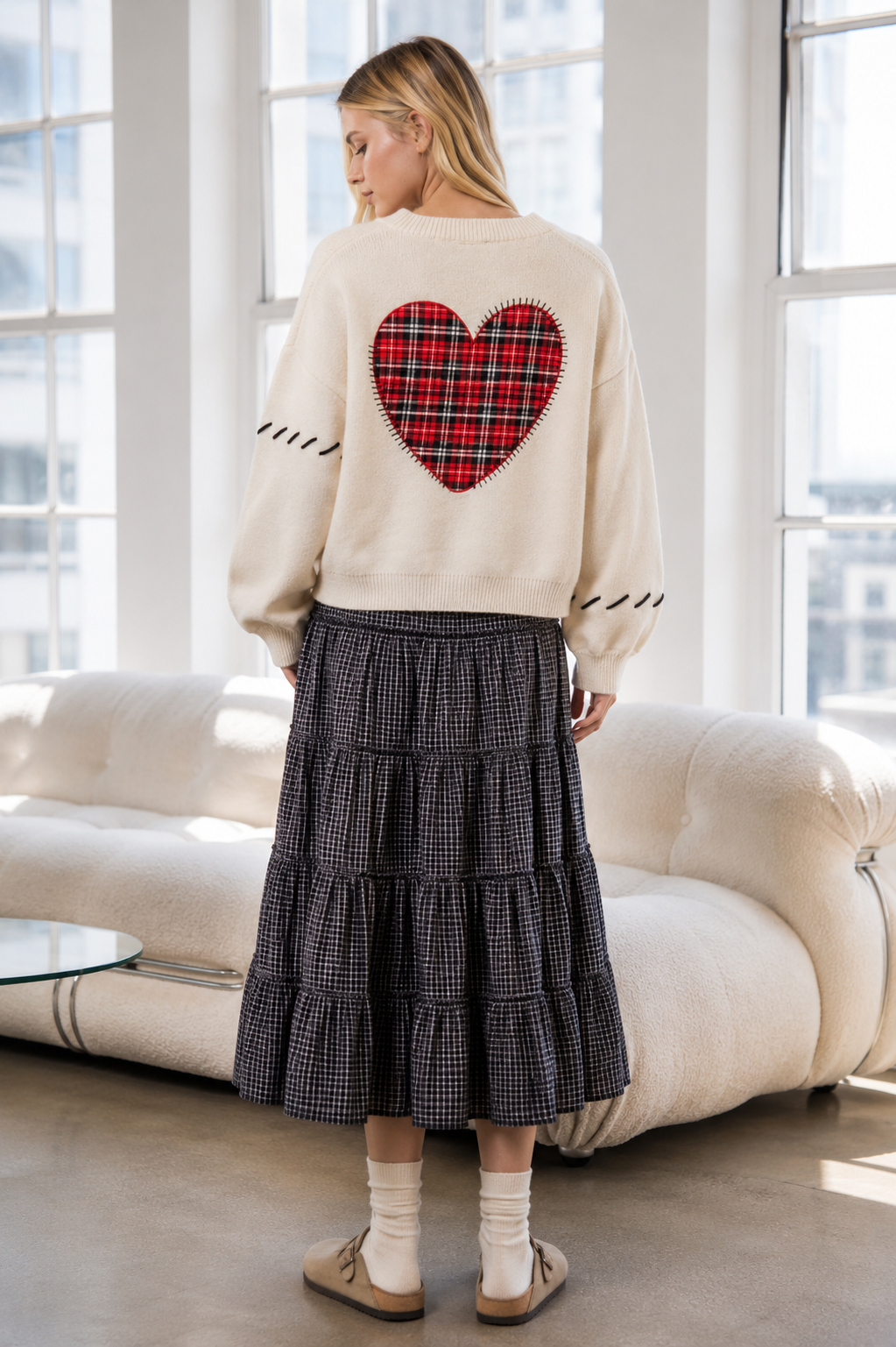 Stitch Heart Accent V Neck Knit Cardigan