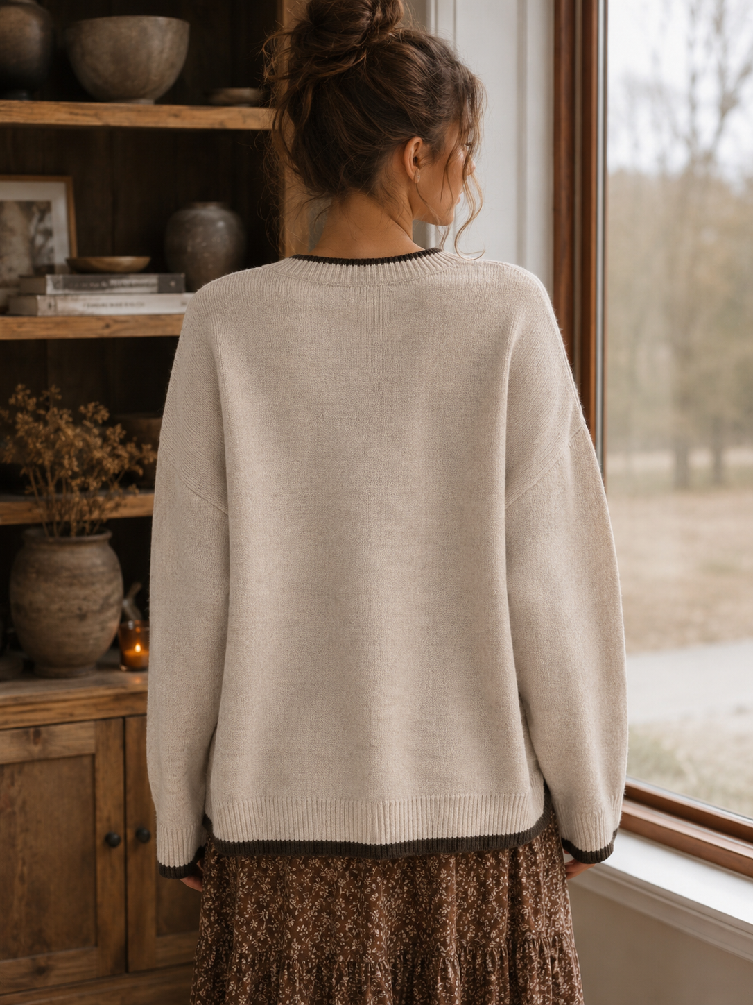 Oversized Trimmed Cream Brown Horse Knit Sweater