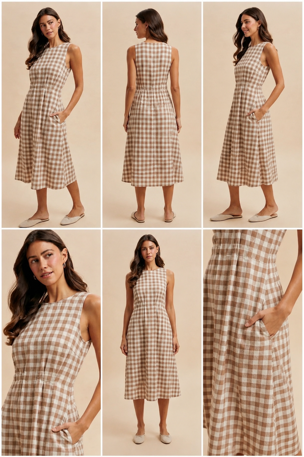 Taupe Gingham Midi Dress
