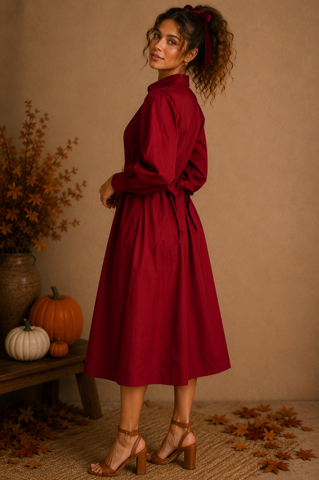 Button Down Red Crimson Belted Midi Dress