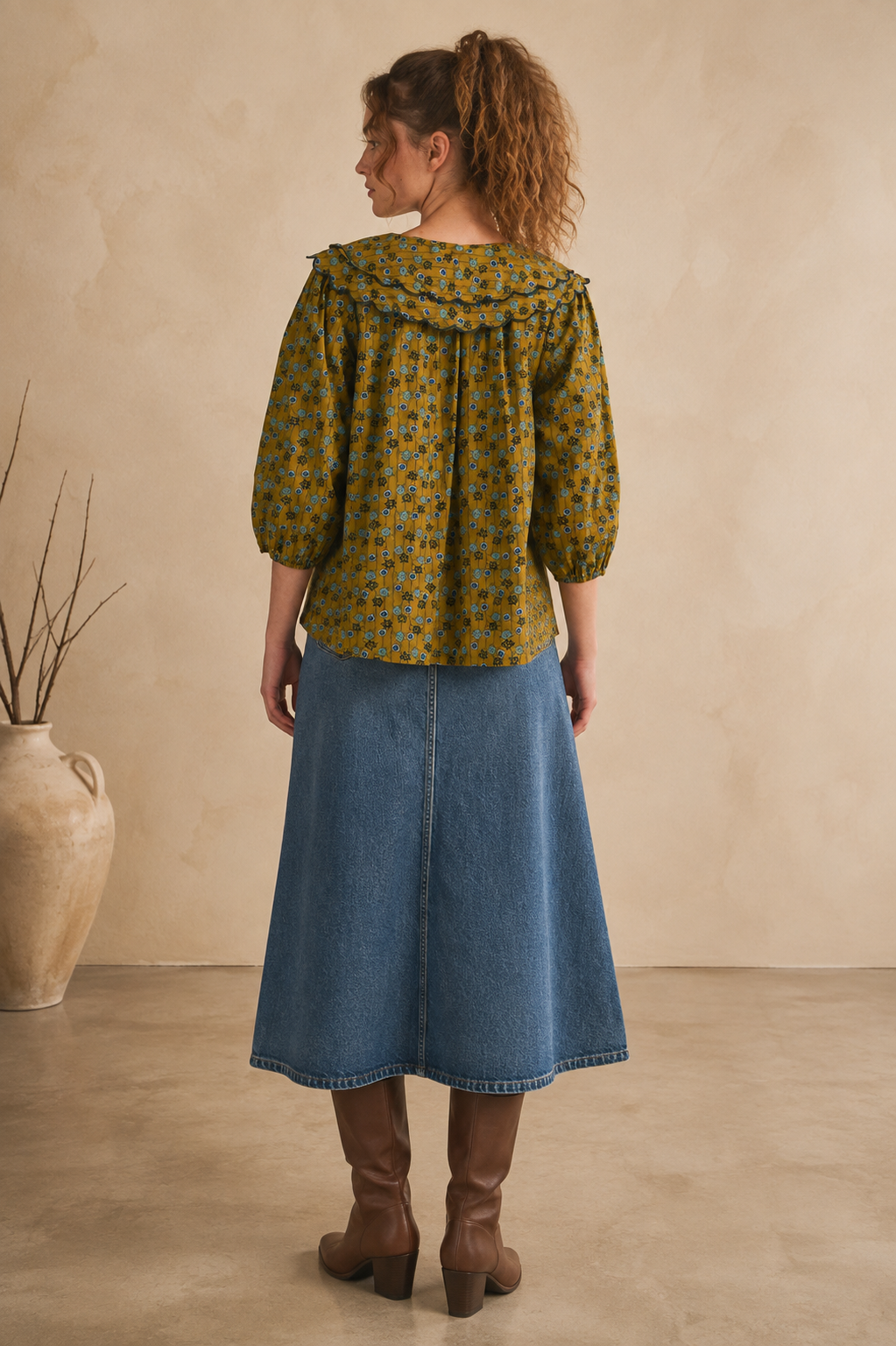 Sage Floral Oversize Ruffle Scallop Peter Pan Blouse