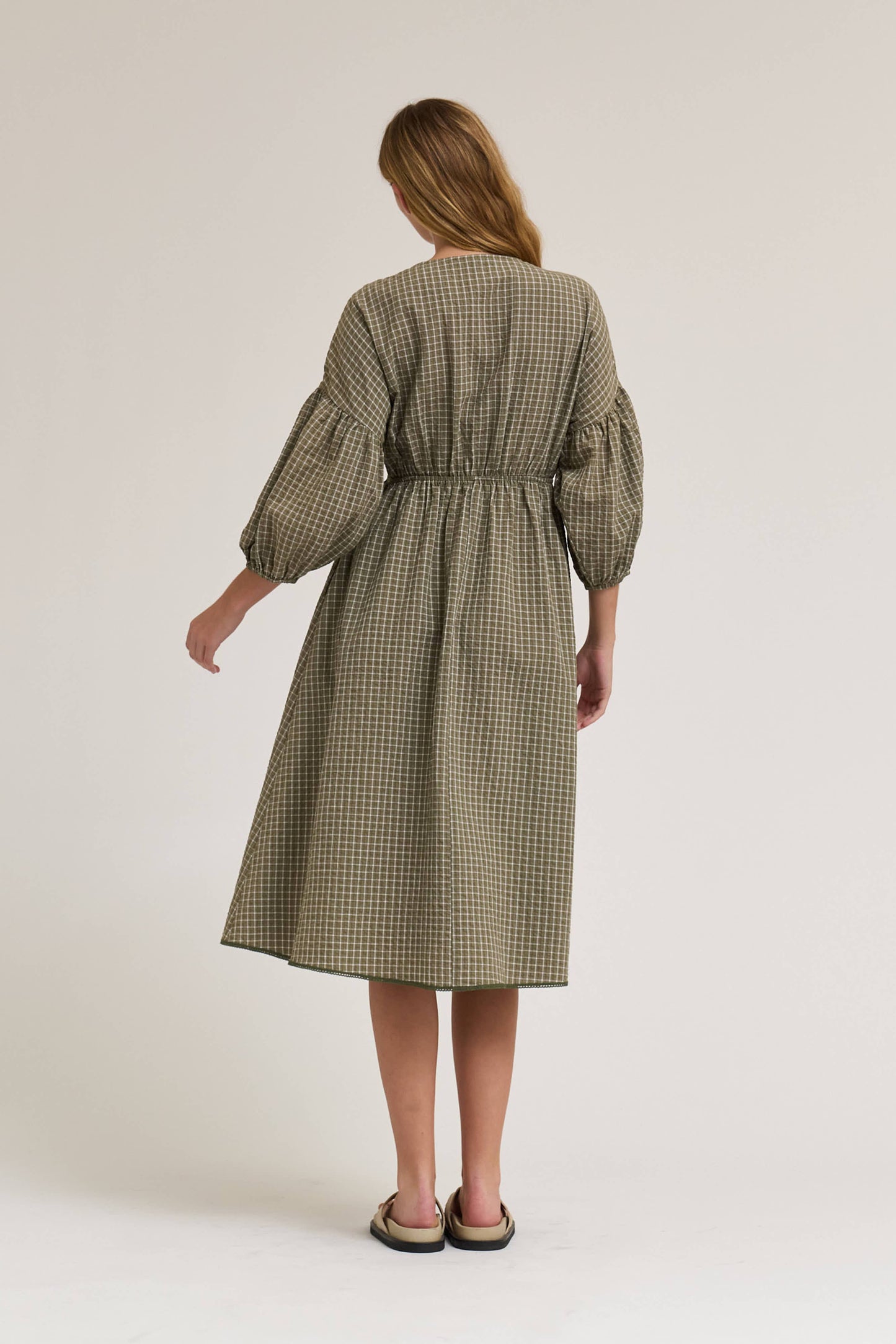 TIE FRONT PLAID MIDI DRESS GREEN CREAM - PRE ORDER