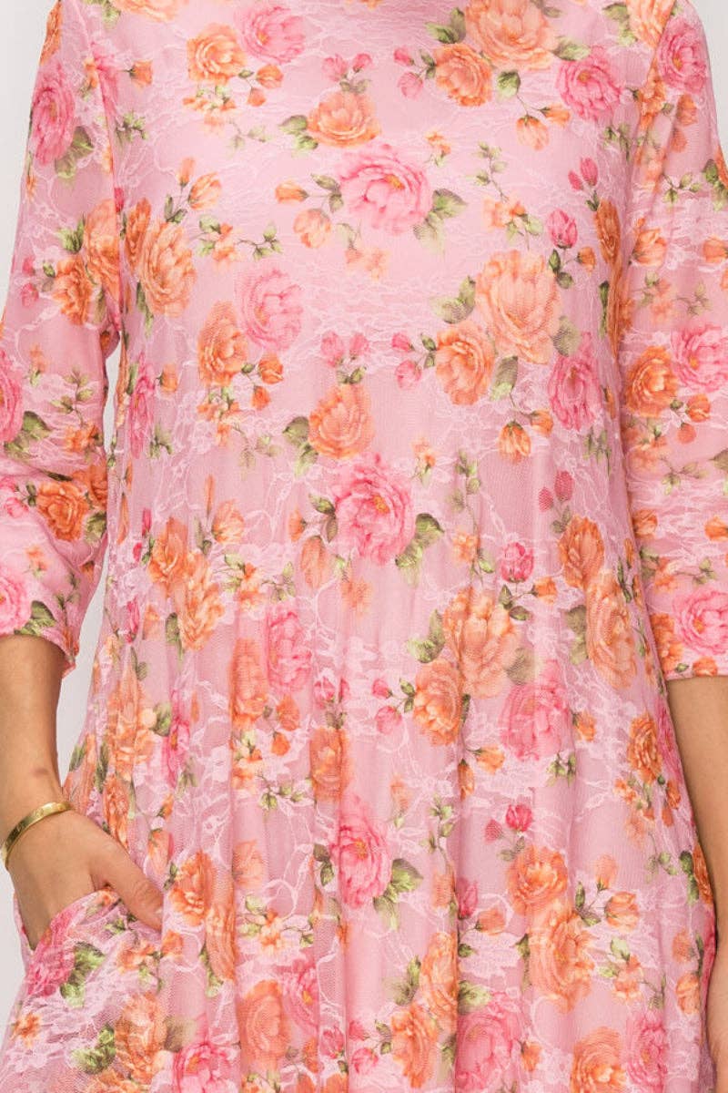 PLUS SIZE FLORAL LACE, DESIGNED WITH A MODEST ROUND NECK MIDI DRESS