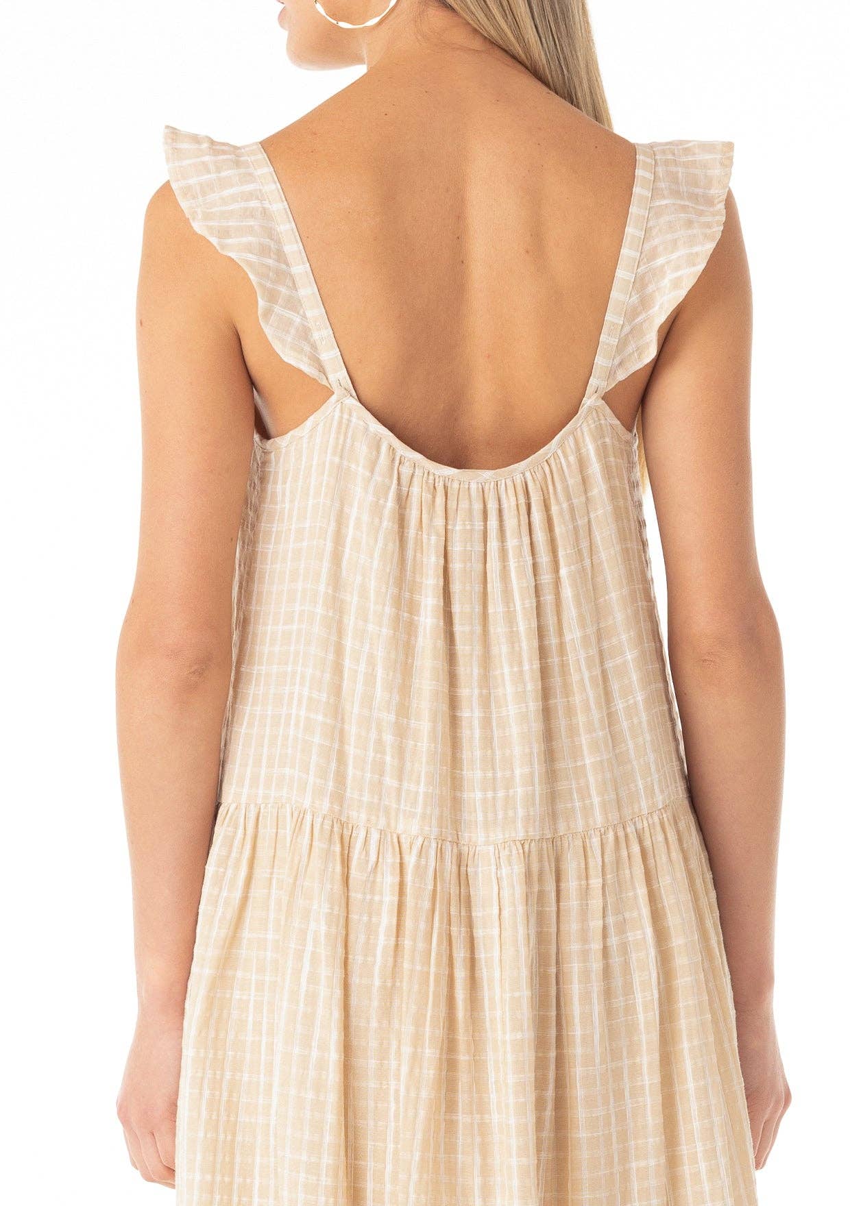 Plaid Ruffled Strap Scoop Neck Tiered Midi Dress