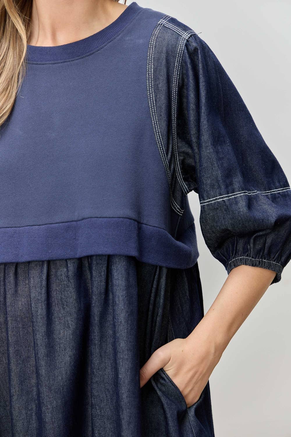 KNIT MIX 3/4 SLEEVE BLUE DENIM MIDI DRESS