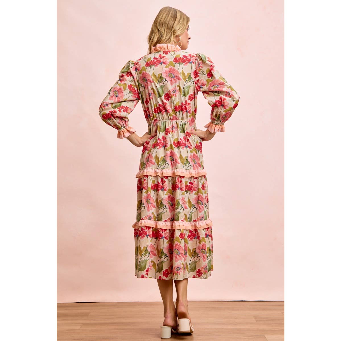FLORAL PRINT MIDI DRESS WITH RUFFLE SCALLOP EDGE DETAILS