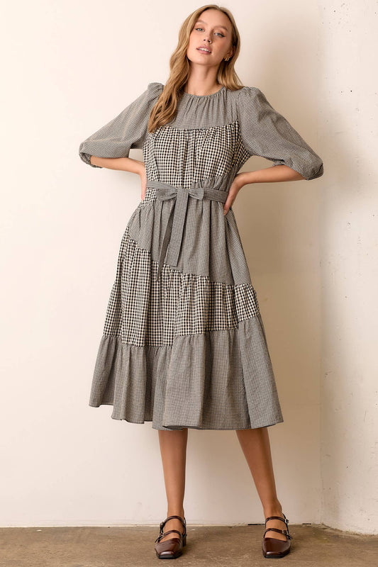 GINGHAM WAIST TIE MIDI DRESS