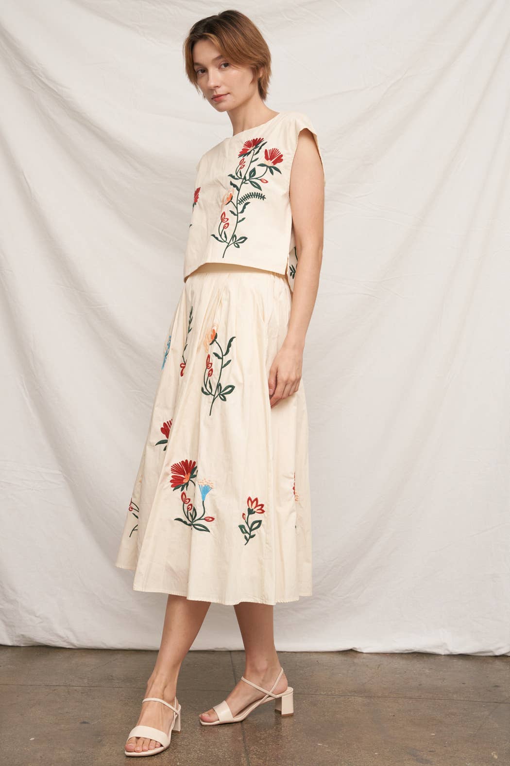 Floral Embroidered Midi Skirt & Top Set