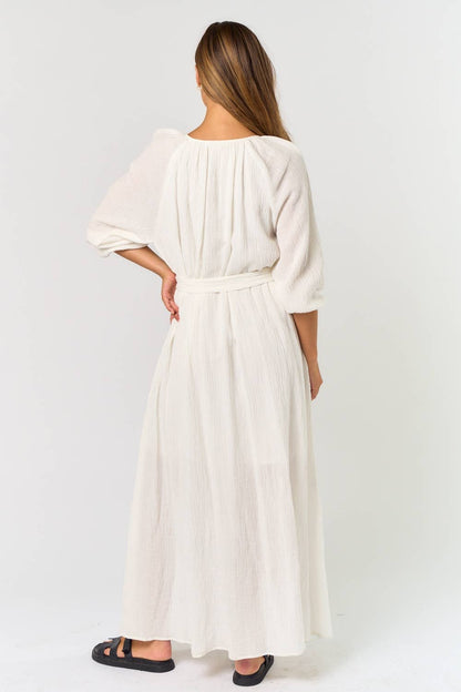 Puff Sleeve Linen Button Down Belted Maxi Dress