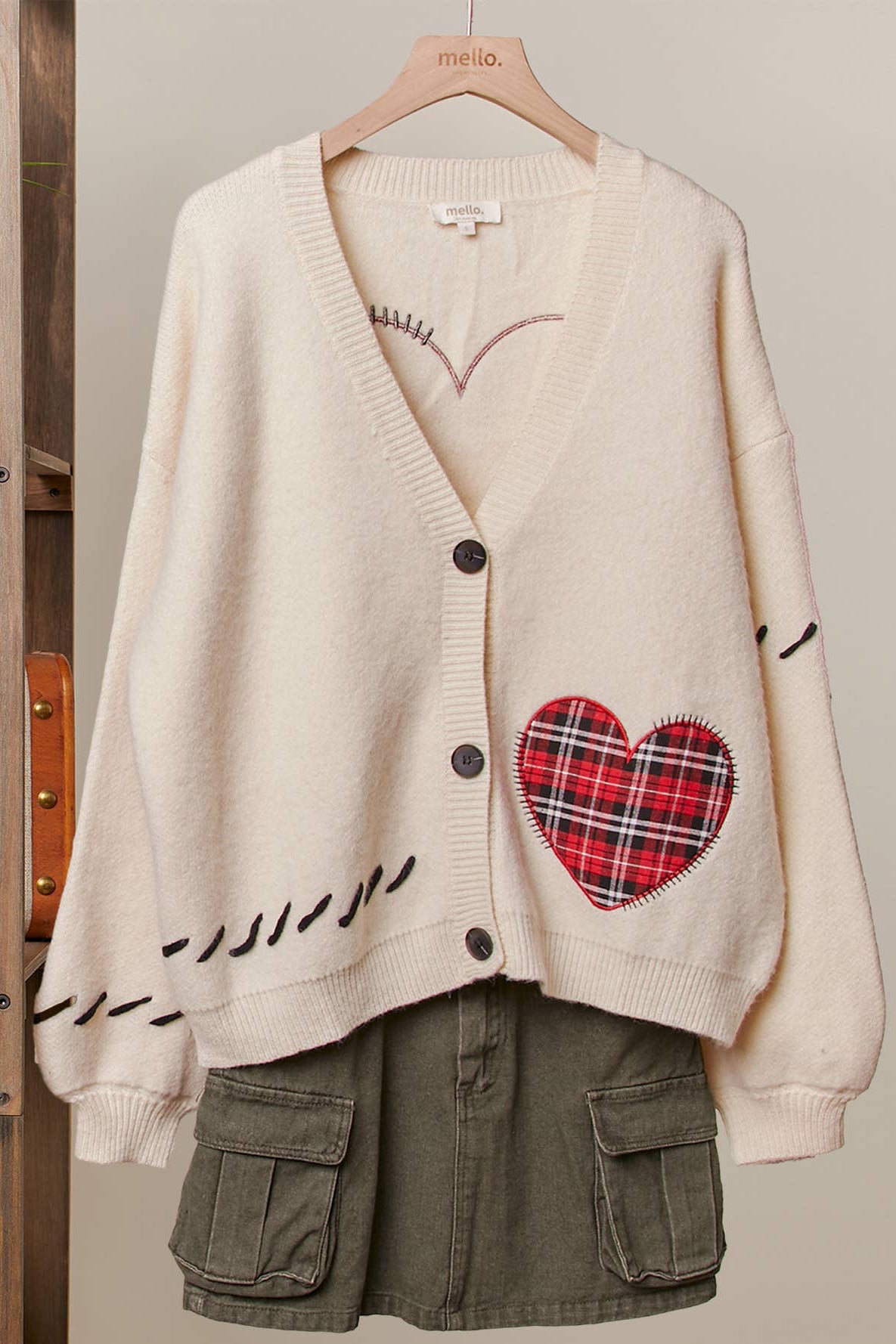 Stitch Heart Accent V Neck Knit Cardigan