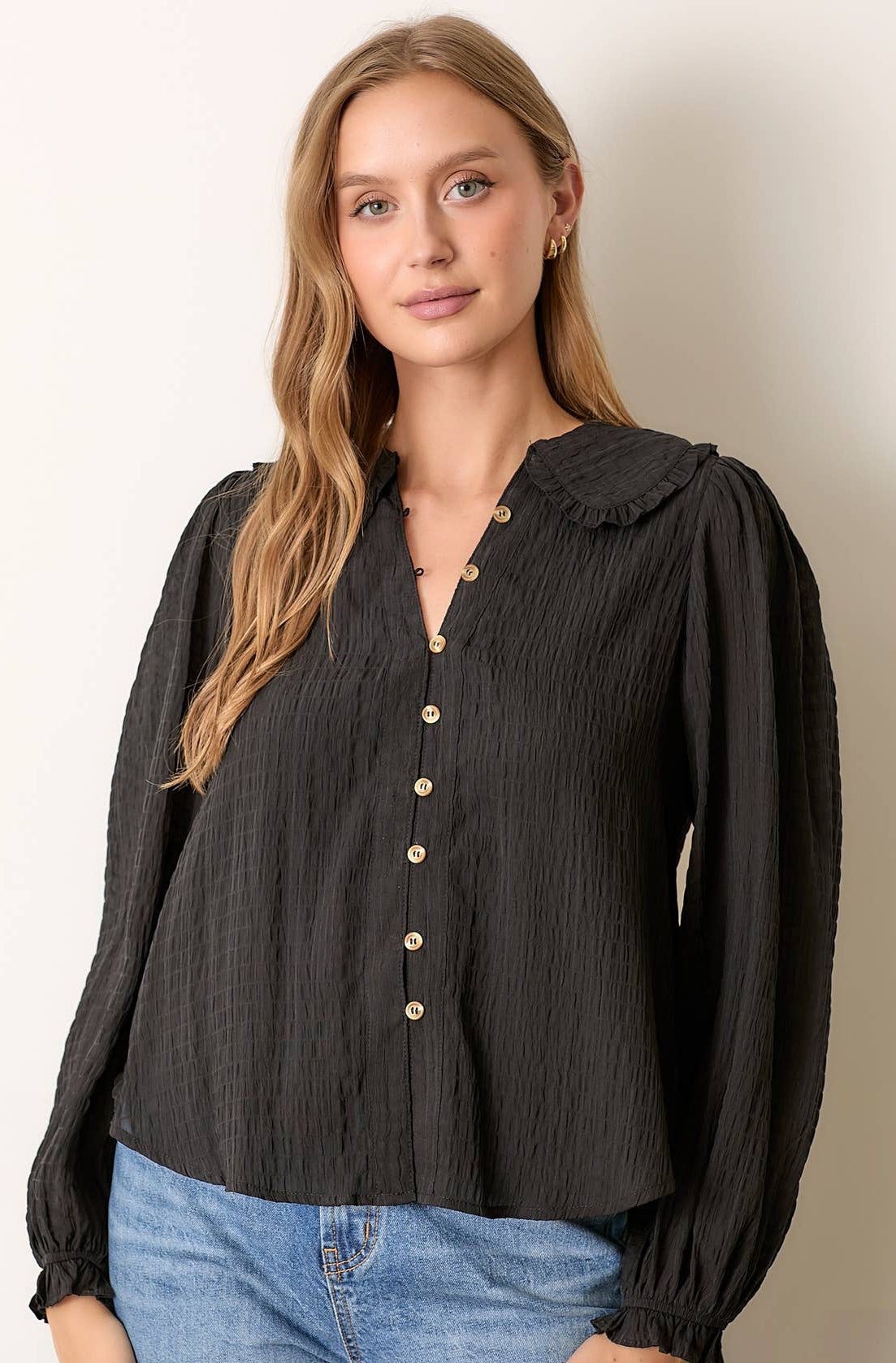 LONG SLEEVE BUTTON UP W ROUND COLLAR CREAM BLACK MULTI COLORS