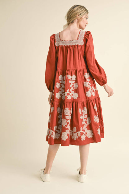 FLORAL EMBROIDERED TIERED MIDI DRESS RUST AMBER SQUARE NECK