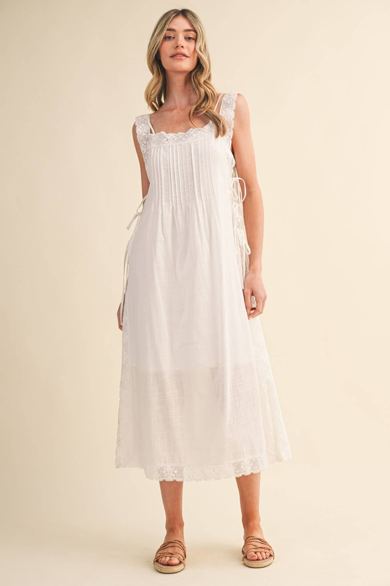 COTTON LACE TRIM SIDE TYING MIDI DRESS BLACK WHITE