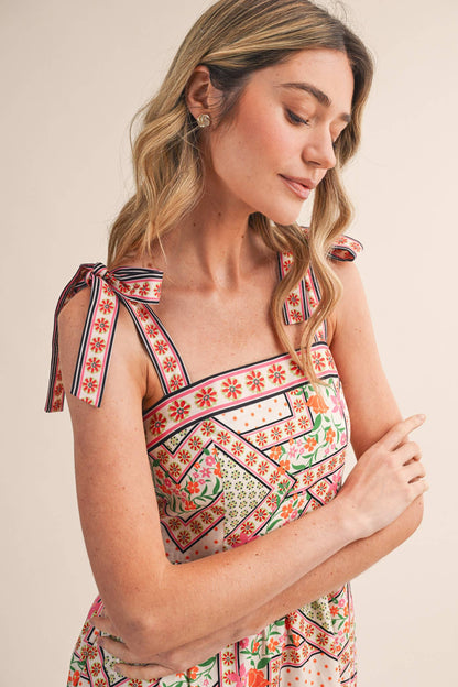 FLORAL PATCHWORK TIE STRAP SHOULDER MIDI DRESS PINK
