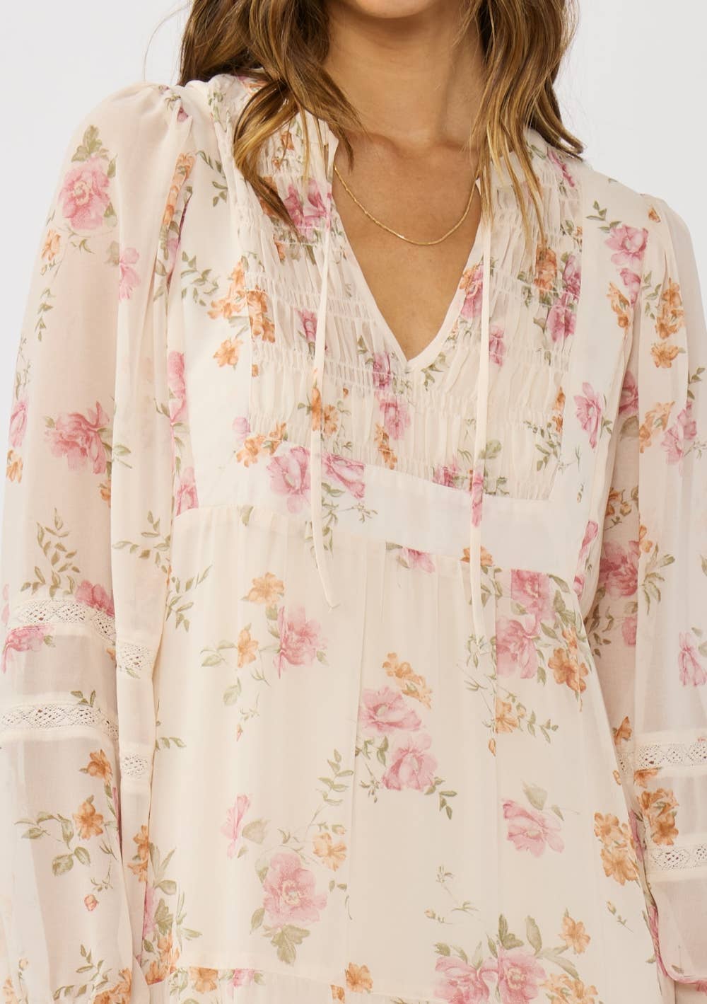 Pink Floral Lace Front Flowy Midi Dress