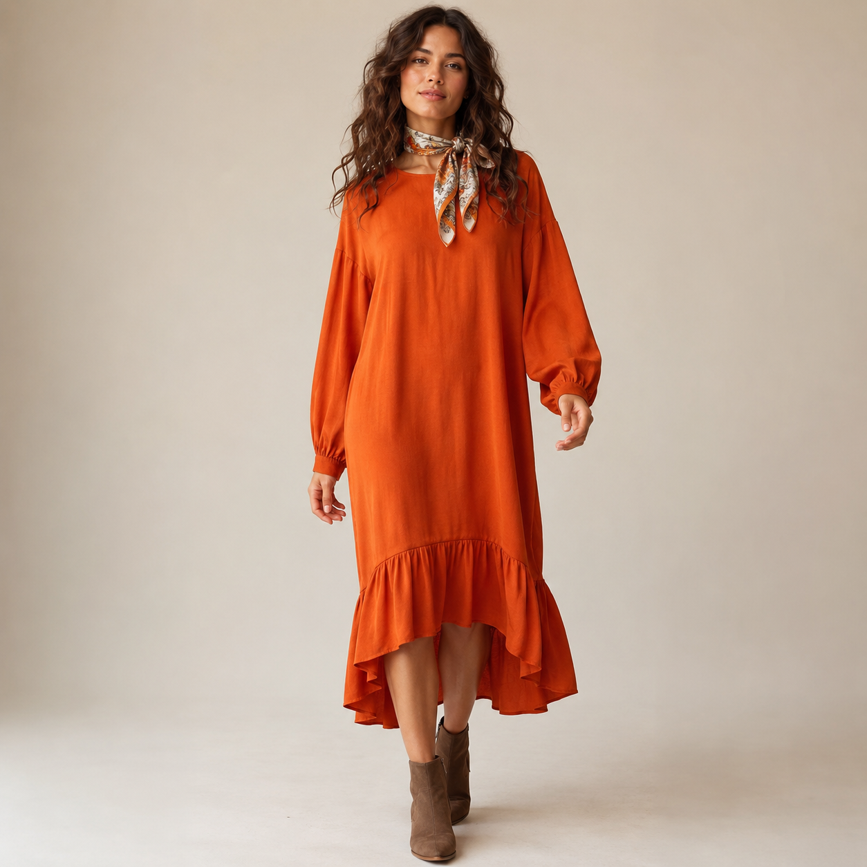 Loose Fit Midi Rust Dress with Ruffles and Bow