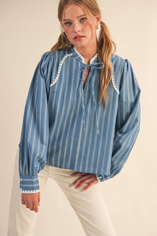 STRIPED PUFF SLEEVE TOP WITH BLANKET STITCH BLUE BLOUSE