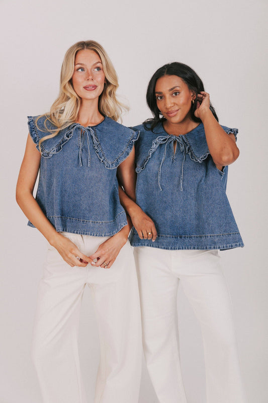 EXCLUSIVE - Denim Ruffle Peter Pam Plus Size Vest Top