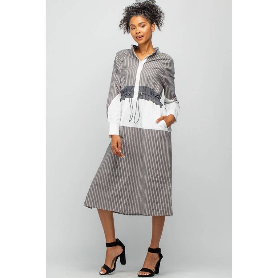 Pattern Blocked Dress with Drawstring