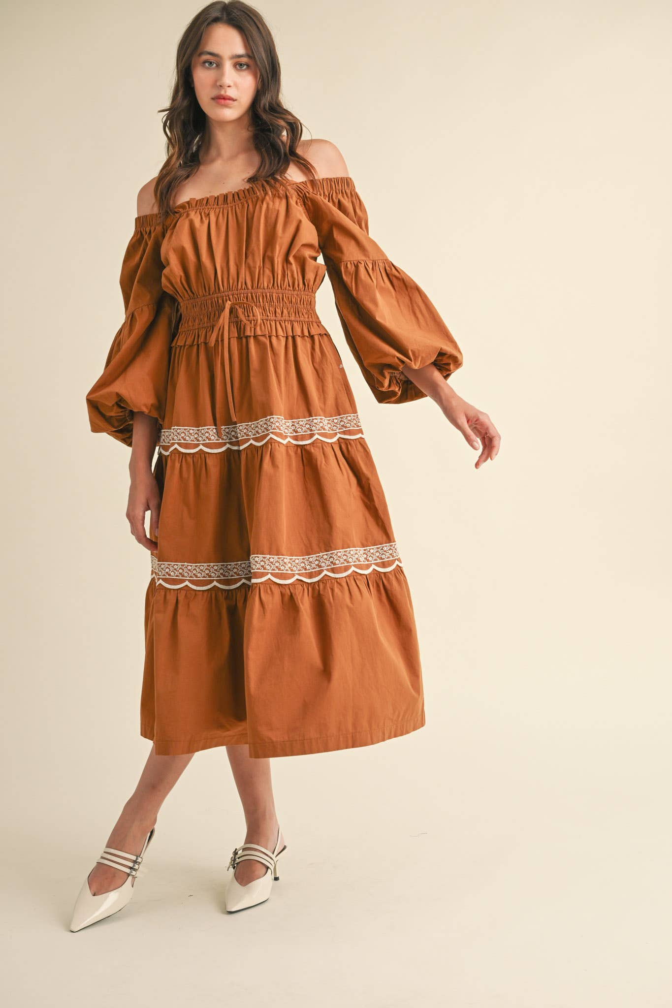 EMBROIDERED LACE TRIM MIDI DRESS RUST