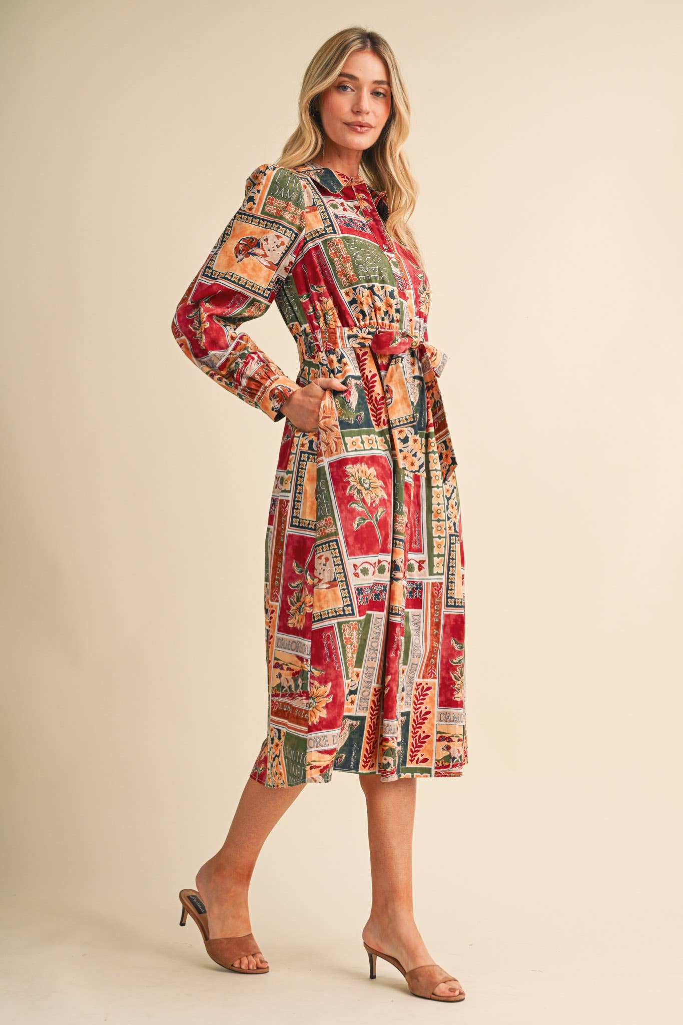 PATCHWORK PRT EMBELLISHED BUTTON DWN BELTED MIDI DREss