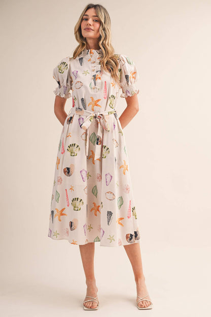 SEASHELL PRINT RUFFLE COLLAR BELTED MIDI DRESS
