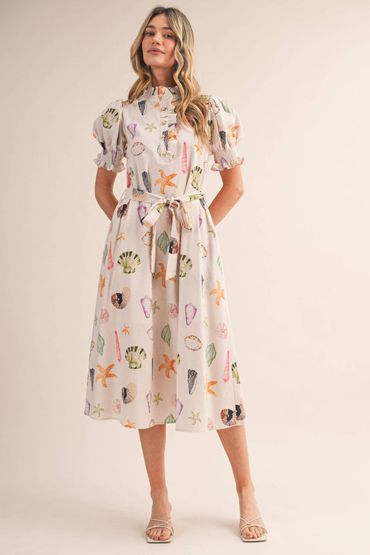 SEASHELL PRINT RUFFLE COLLAR BELTED MIDI DRESS