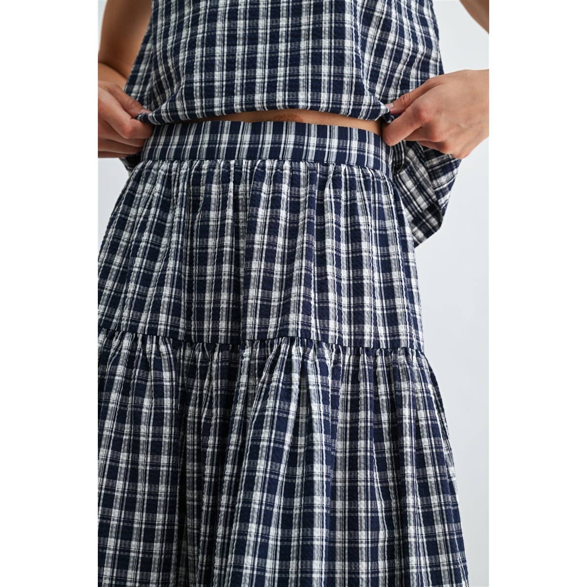 GINGHAM PRINTED PIN TUCK DETAIL MIDI SKIRT - PRE ORDER