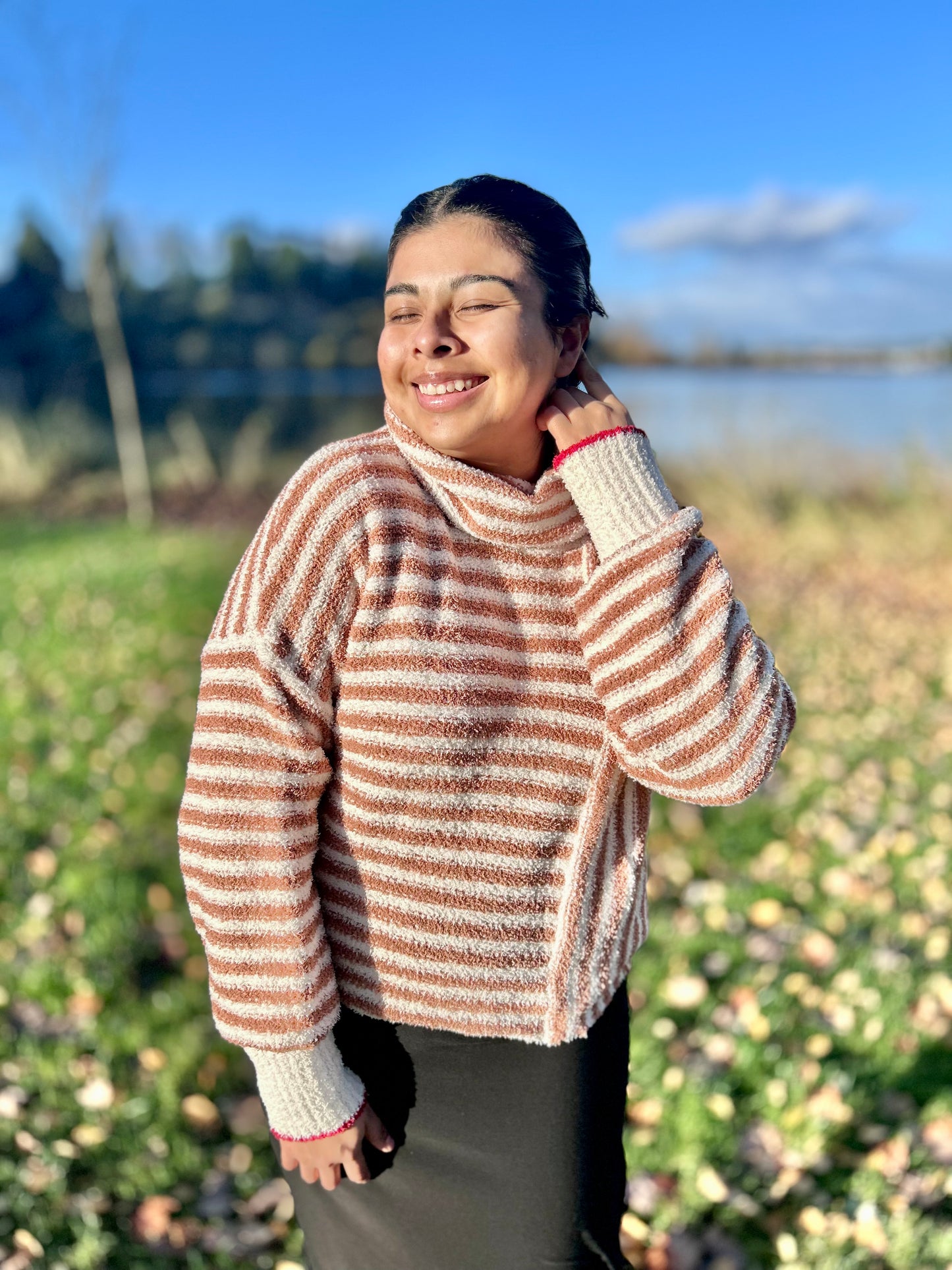 Mock Neck Soft Striped Knit Sweater Top