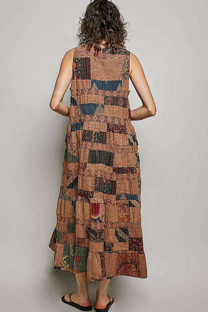 V-neck Lace Trim Patchwork Boho Sleeveless Roomy Pol Fit Dress