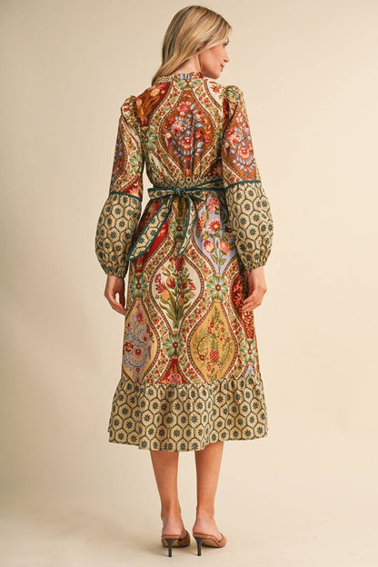 MIXED FLORAL PRINT CONTRAST PIPING MIDI DRESS