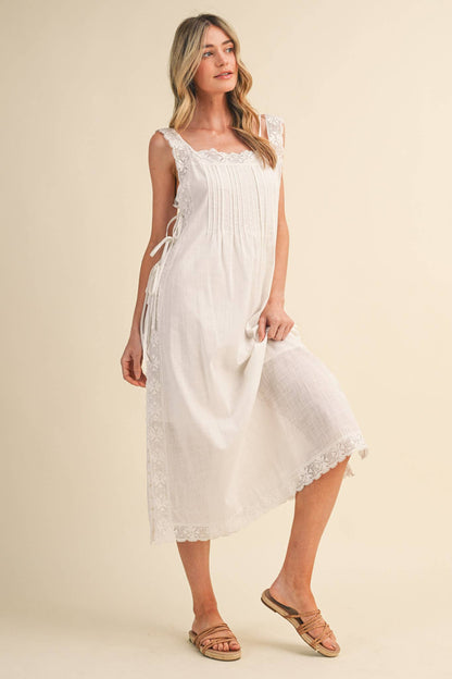 COTTON LACE TRIM SIDE TYING MIDI DRESS BLACK WHITE