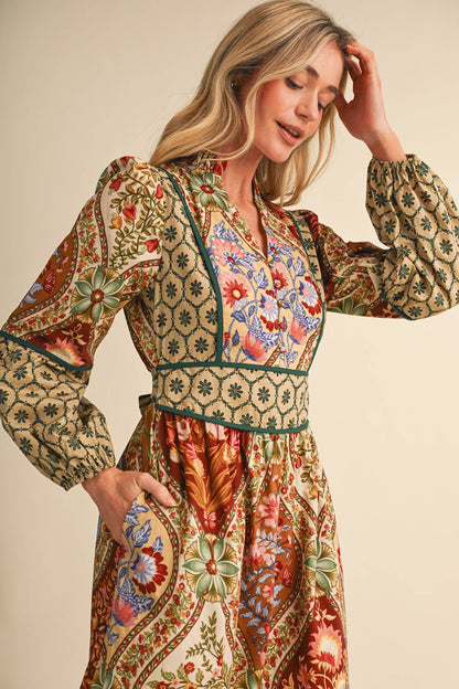 MIXED FLORAL PRINT CONTRAST PIPING MIDI DRESS