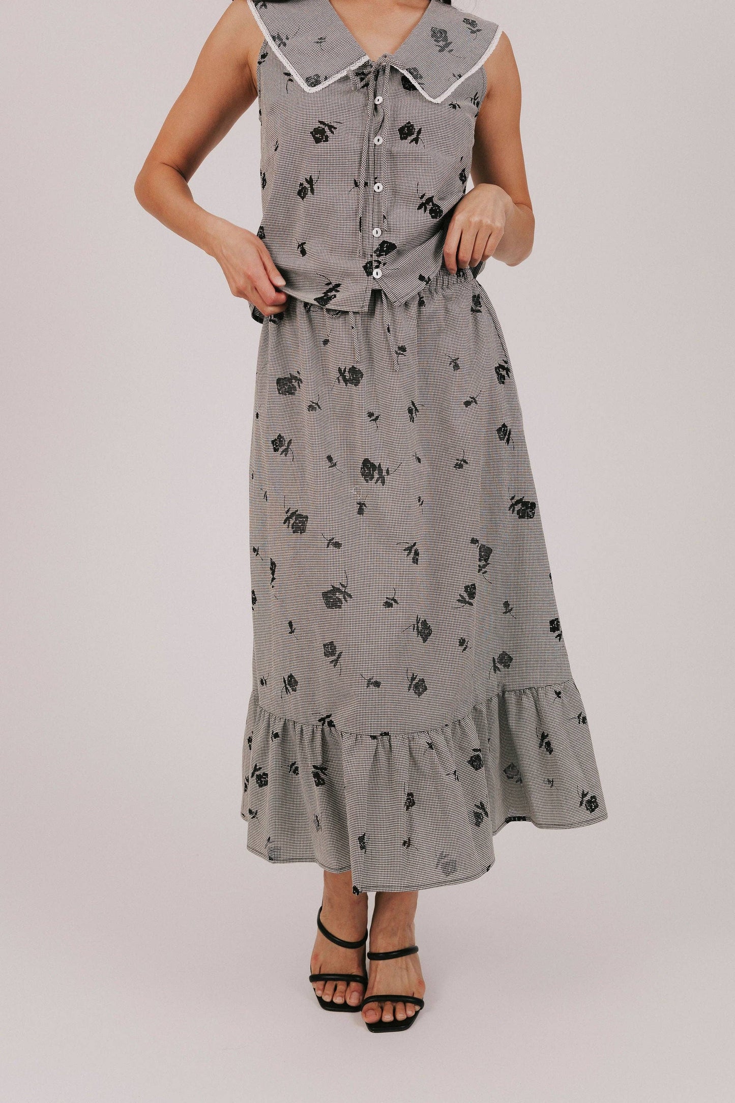 Black Gray Floral Essential Bloom Top and Skirt Set