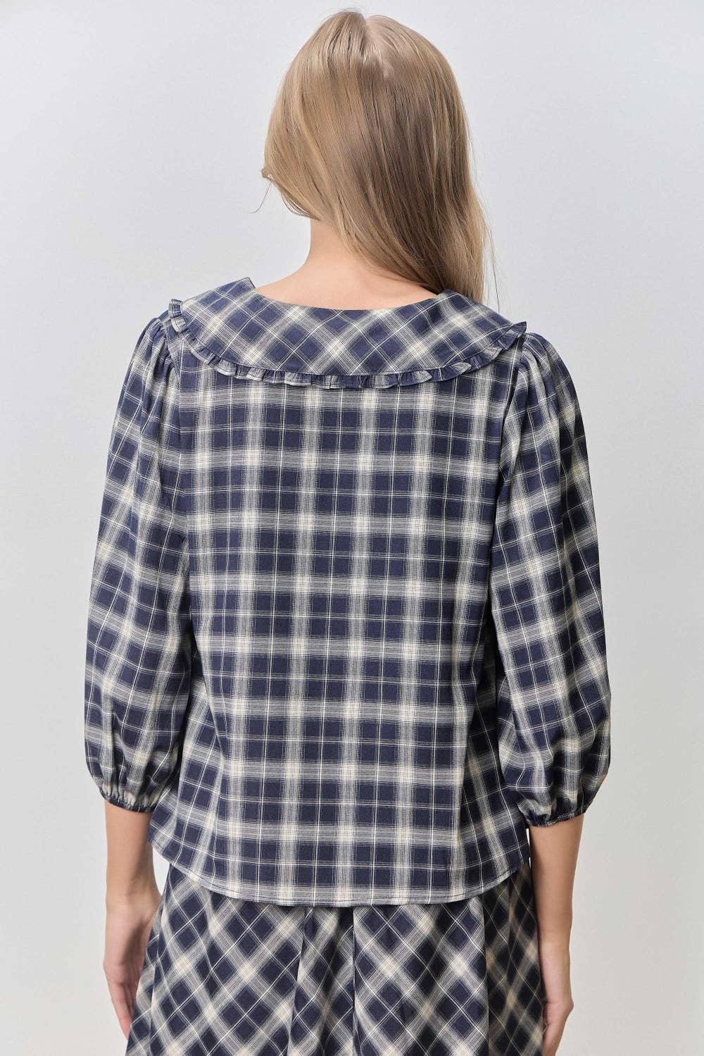 PLAID PRINT V NECK HALF SLEEVE PETER PAN COLLAR TOP SKIRT JACKET SET